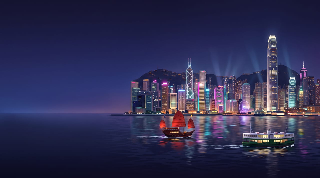 ビクトリア・ハーバーに臨む香港の夜景と、ジャンク船、スターフェリーのイラスト